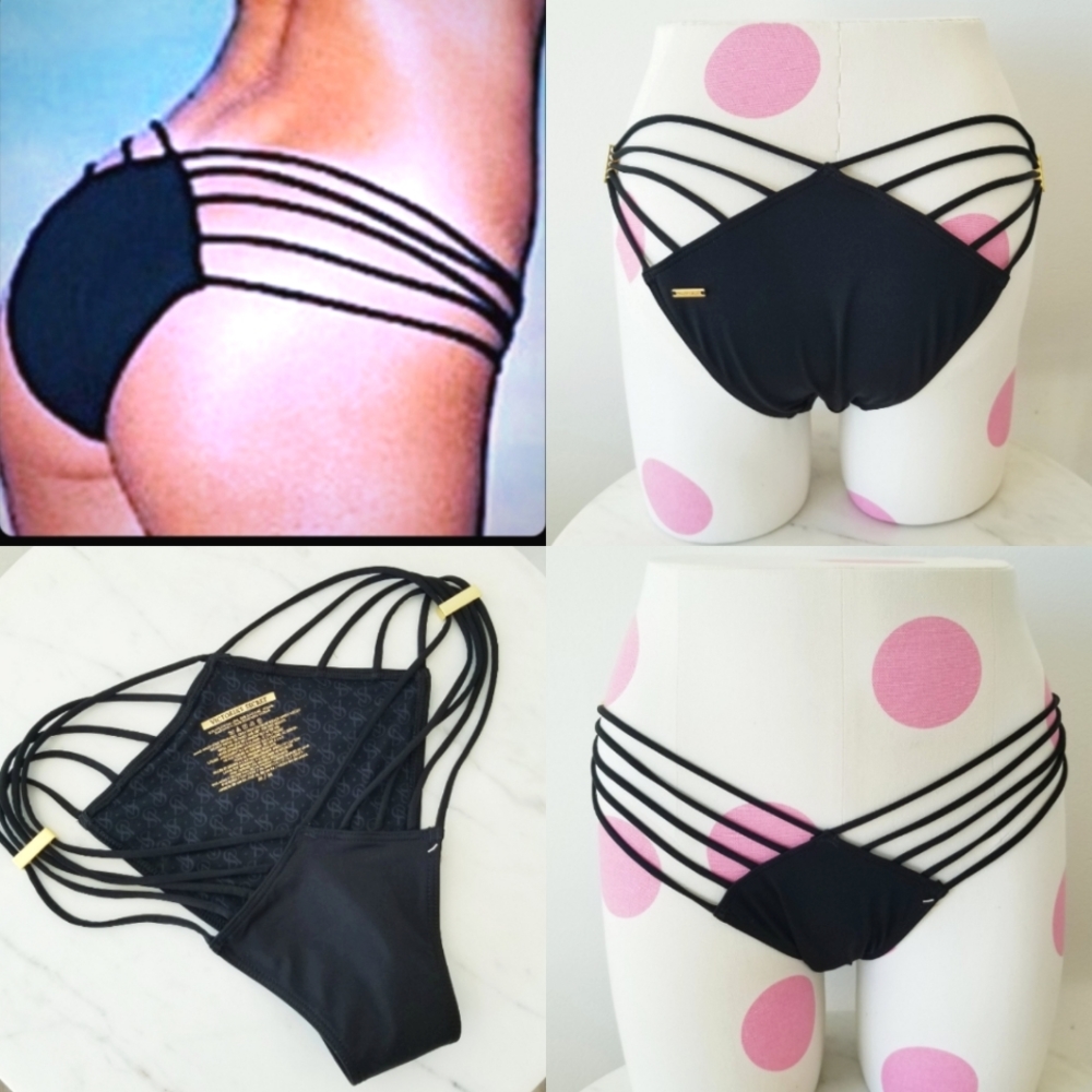 Victoria's Secret Vintage Black Strappy Brazilian Bikini Bottom Gold Har…